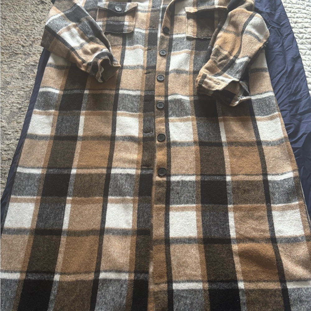 Amazon Plaid Long Jacket - Brown, Black, White
